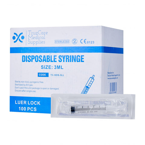 Truzcare Disposable Sterile Syringe without Needle, Luer Lock, 3ML (100pcs/box)
