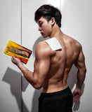 Athlete holding Kaiser Herbal Soothe Plaster pouch with cooling patch on upper back