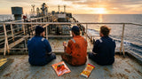 Houten Chilli Tapioca Chips Lifestyle – Maritime Watchkeepers & Seafarers Sharing Sunset Snacks on Ship Deck