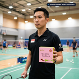 Kaiser Enlife Herbal Lozenges – Action lifestyle badminton coach courtside in Singapore with authentic product (AI Demonstration Resource)