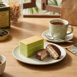 Authentic Tea-Time Serving with Sliced Pandan Layer Cake and Marshmallow Choco Pie