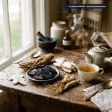 Kaiser Herbal Tonic Whole Botanical Ingredients Slices of Rehmannia Dang Gui White Peony Ginseng and Steaming Tea Cup